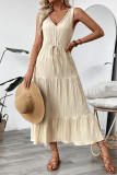 Casual Solid Color Lace Up Patchwork Ruched V Neck Sleeveless Dresses