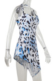 Sexy Leopard Print Lace Up Irregular Halter Irregular Dresses