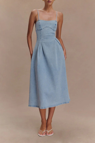 Sexy Solid Color Distressed Patchwork Sleeveless Denim Dresses