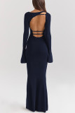 Elegant Solid Color Backless Adjustable O Neck Long Dresses