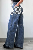 Street Plaid Draw String Pocket Contrast High Waist Loose Denim Jeans