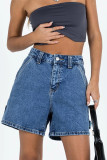 Casual Solid Color Distressed Pocket High Waist Loose Denim Shorts