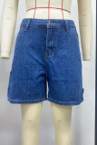Casual Solid Color Distressed Pocket High Waist Loose Denim Shorts