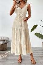 Casual Solid Color Lace Up Patchwork Ruched V Neck Sleeveless Dresses