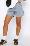 Casual Solid Color Distressed Pocket High Waist Loose Denim Shorts