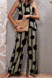 Casual Polka Dot Print Contrast O Neck Sleeveless Two Pieces