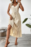 Casual Solid Color Lace Up Patchwork Ruched V Neck Sleeveless Dresses