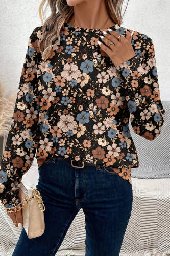 Casual Flowers Patchwork Contrast O Neck Tops