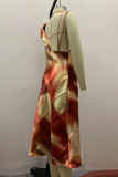 Sexy Gradient Print Backless Irregular U Neck Printed Dresses
