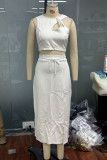 Casual Solid Color Lace Up Slit Irregular O Neck Sleeveless Two Pieces