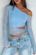 Sexy Solid Color Lace Draw String Sloping Shoulder Tops