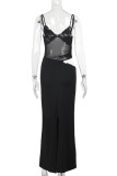 Sexy Solid Color Hollow Out Mesh V Neck One Step Skirt Dresses