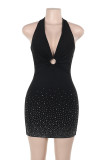 Sexy Solid Color Hot Drill Halter Wrapped Skirt Dresses