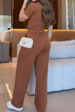 Casual Solid Color Draw String Turtleneck Short Sleeve Two Pieces