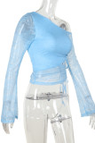 Sexy Solid Color Lace Draw String Sloping Shoulder Tops
