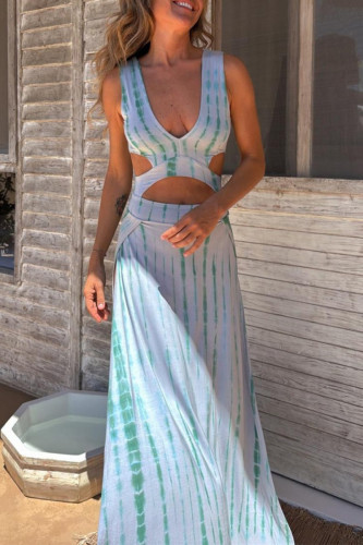 Sexy Tie Dye Print Hollow Out Contrast V Neck Long Dresses