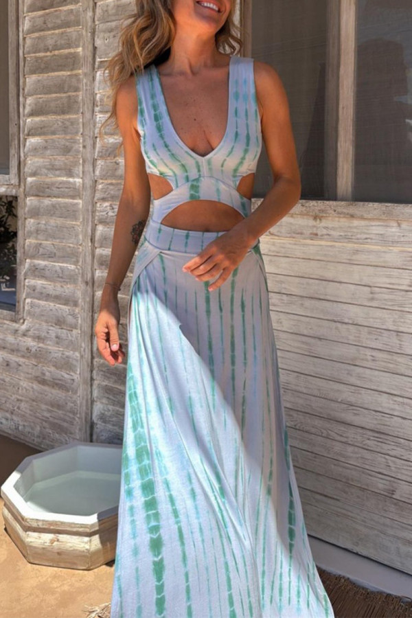 Sexy Tie Dye Print Hollow Out Contrast V Neck Long Dresses