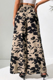 Casual Floral Print Lace Up Contrast Loose High Waist Wide Leg Full Print Bottoms