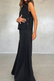 Casual Solid Color Buttons O Neck Sleeveless Two Pieces