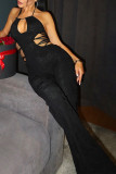 Sexy Solid Color Hollow Out Strap Design Halter Skinny Jumpsuits
