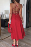 Sexy Solid Color Backless Strap Design V Neck Sling Dresses