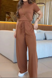 Casual Solid Color Draw String Turtleneck Short Sleeve Two Pieces