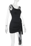 Sexy Solid Color Ruched ribbon Square Neck Wrapped Skirt Dresses