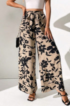 Casual Floral Print Lace Up Contrast Loose High Waist Wide Leg Full Print Bottoms