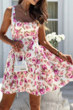 Sexy Floral Print Lace Up Backless Square Neck Sling Dresses