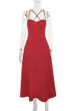 Sexy Solid Color Backless Strap Design V Neck Sling Dresses