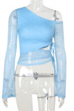 Sexy Solid Color Lace Draw String Sloping Shoulder Tops