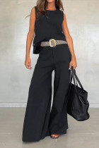 Casual Solid Color Buttons O Neck Sleeveless Two Pieces
