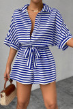 Casual Stripe Buttons With Belt Contrast Turndown Collar Loose Rompers
