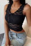 Sexy Solid Color Lace Lace Up O Neck Tops