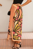 Elegant Floral Print Slit Contrast Loose High Waist Full Print Bottoms