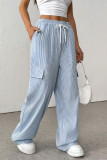 Street Stripe Draw String Pocket Contrast Loose High Waist Straight Full Print Bottoms
