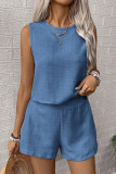 Casual Solid Color Distressed Buttons O Neck Sleeveless Two Pieces