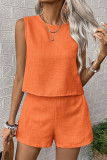 Casual Solid Color Distressed Buttons O Neck Sleeveless Two Pieces