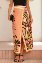 Elegant Floral Print Slit Contrast Loose High Waist Full Print Bottoms