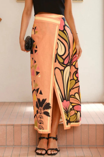 Elegant Floral Print Slit Contrast Loose High Waist Full Print Bottoms