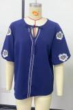 Casual Flowers Embroidered Lace Up O Neck Tops