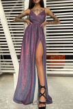 Sexy Gradient Slit Sequined Contrast V Neck Sling Dresses