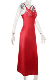 Sexy Solid Color Lace Lace Up Slit U Neck Sling Dresses