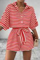 Casual Stripe Buttons With Belt Contrast Turndown Collar Loose Rompers