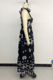 Casual Geometric Print Lace Up Patchwork Contrast Square Neck Sling Dresses