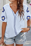 Casual Flowers Embroidered Lace Up O Neck Tops