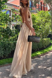 Sexy Solid Color Lace Up Backless Ruched Halter Long Dresses
