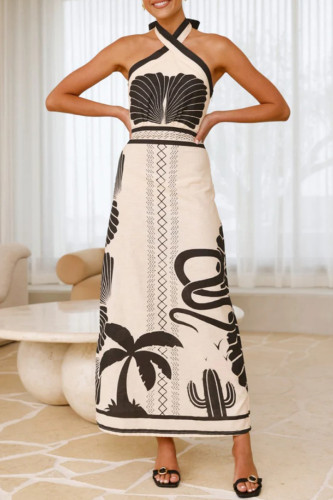 Casual Landscape printing Lace Up Contrast Halter Printed Dresses