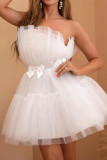 Sexy Solid Color Mesh Bow Decor Strapless Ball Gown Dresses