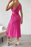 Sexy Solid Color Draw String Irregular Sloping Shoulder Irregular Dresses